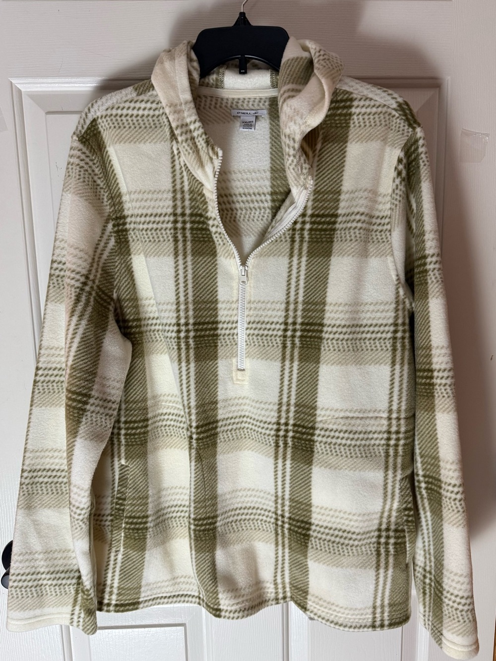 O'Neill Cream and Olive Plaid Half-Zip Fleece Hoodie